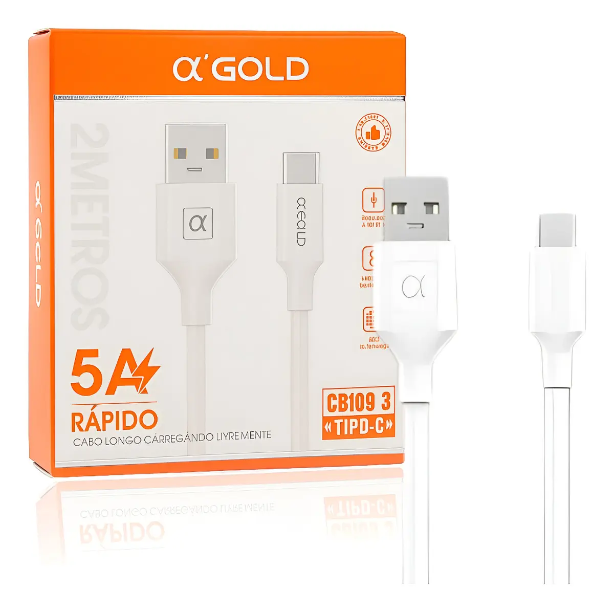Cabo USB V8 2M a'GOLD CB109-3 Carregamento Rápido 5A Branco — TJ CASES